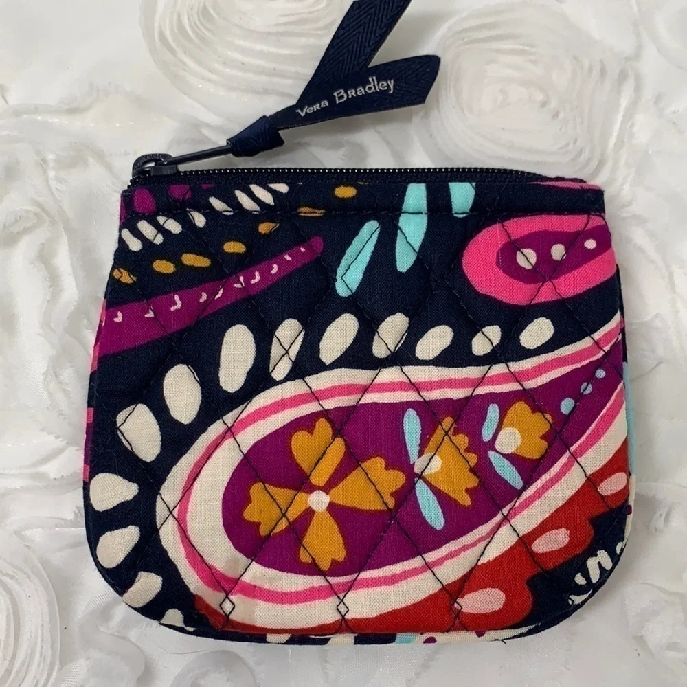 Vera Bradley Small Quilted Zip Pouch-Navy Blue/Purple/Pink /White, 5”x4”